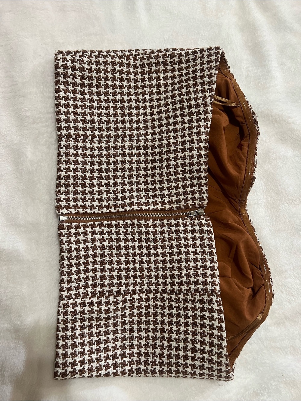 Brown & White Houndstooth Strapless Camisole Top